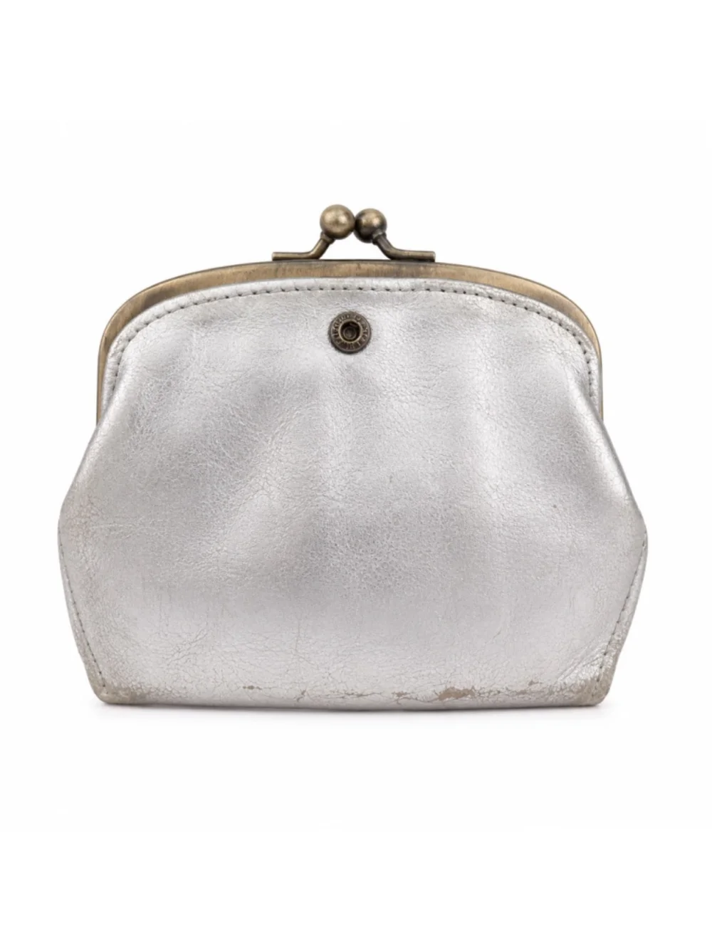 Hobo International Metallic Silver Leather Kiss Lock Coin Purse Card Wallet Flor